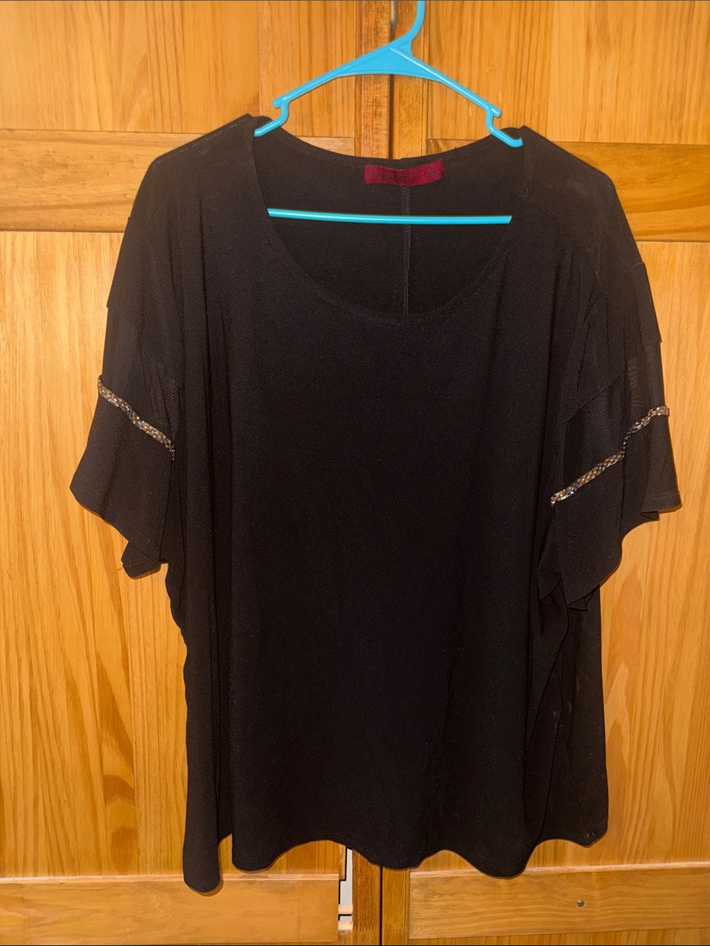 Women's Black Short Sleeve Top with Beaded Sleeve Detail